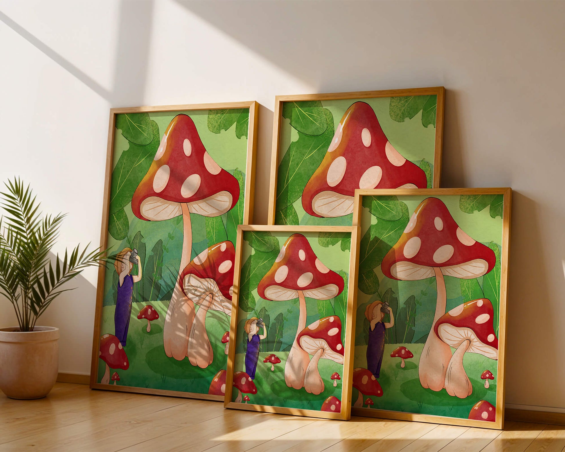 Playful illustration of a child with oversized mushrooms in a whimsical forest setting