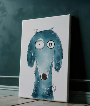 Illustration fantaisiste d’un chien bleu aux traits expressifs