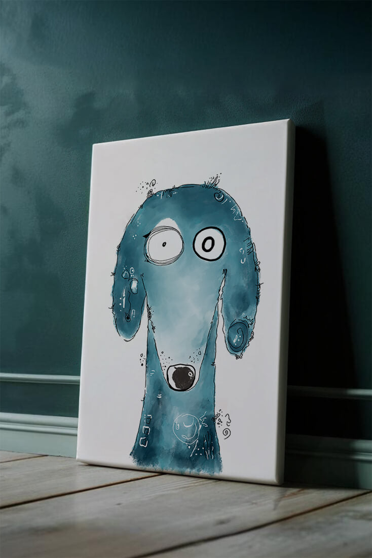 Whimsical blue dog illustration with expressive features