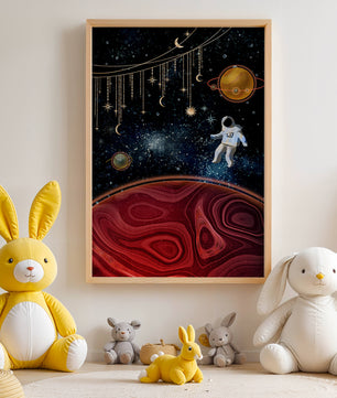 Escena espacial surrealista con astronauta y elementos celestiales