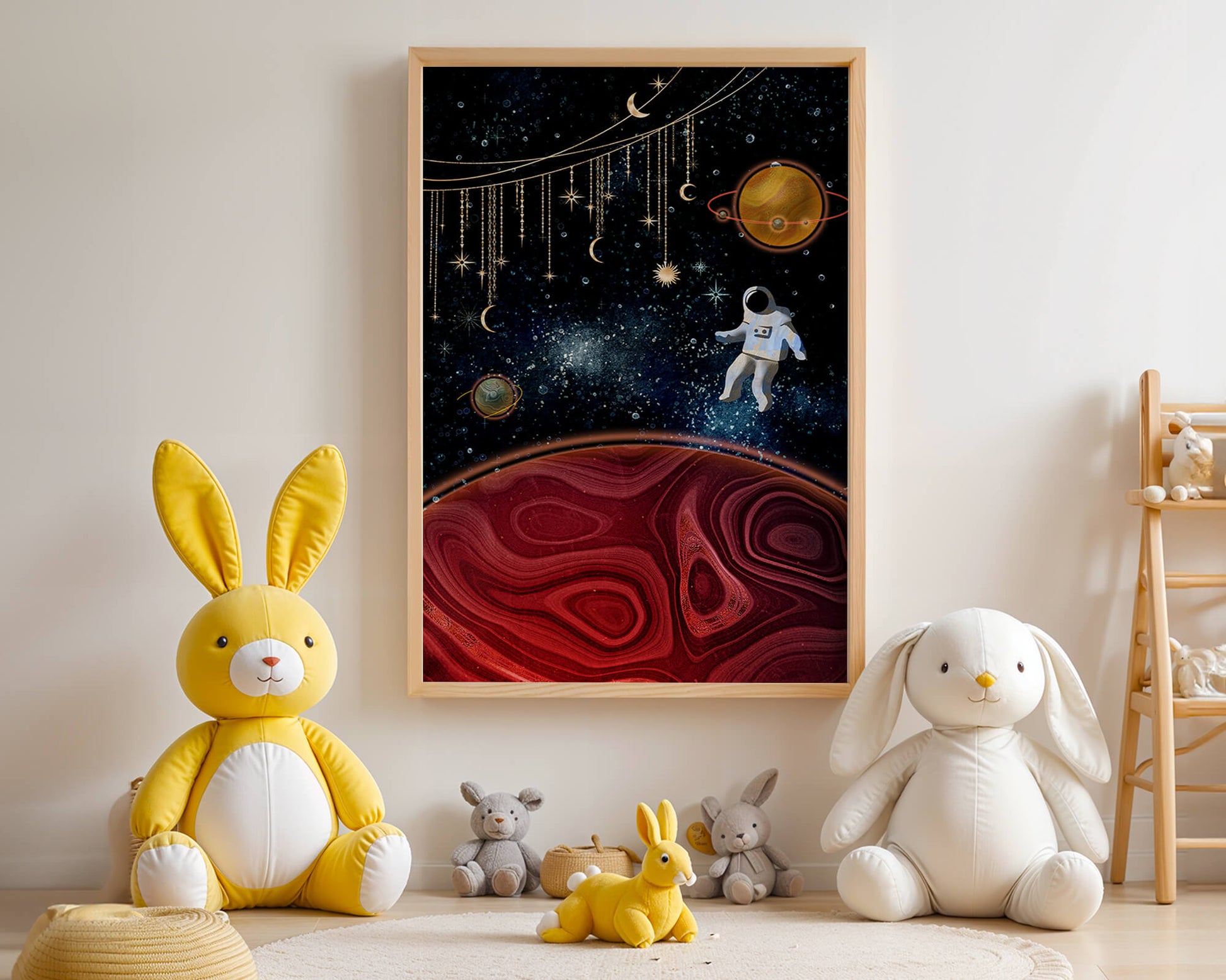 Surreal space scene with astronaut and celestial elements