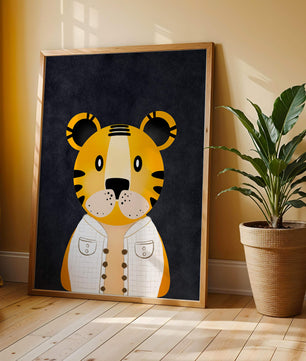 Illustration of cute cartoon tiger character in stylish outfit on dark background