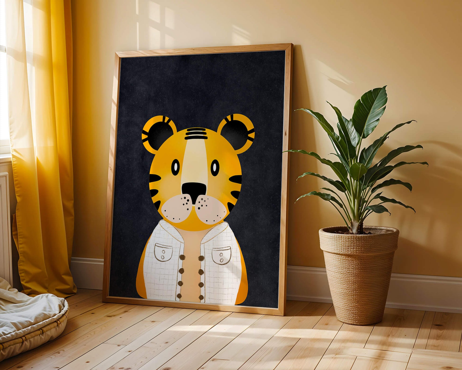 Illustration of cute cartoon tiger character in stylish outfit on dark background
