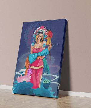 Colorful illustration of a woman in traditional attire with floral headdress