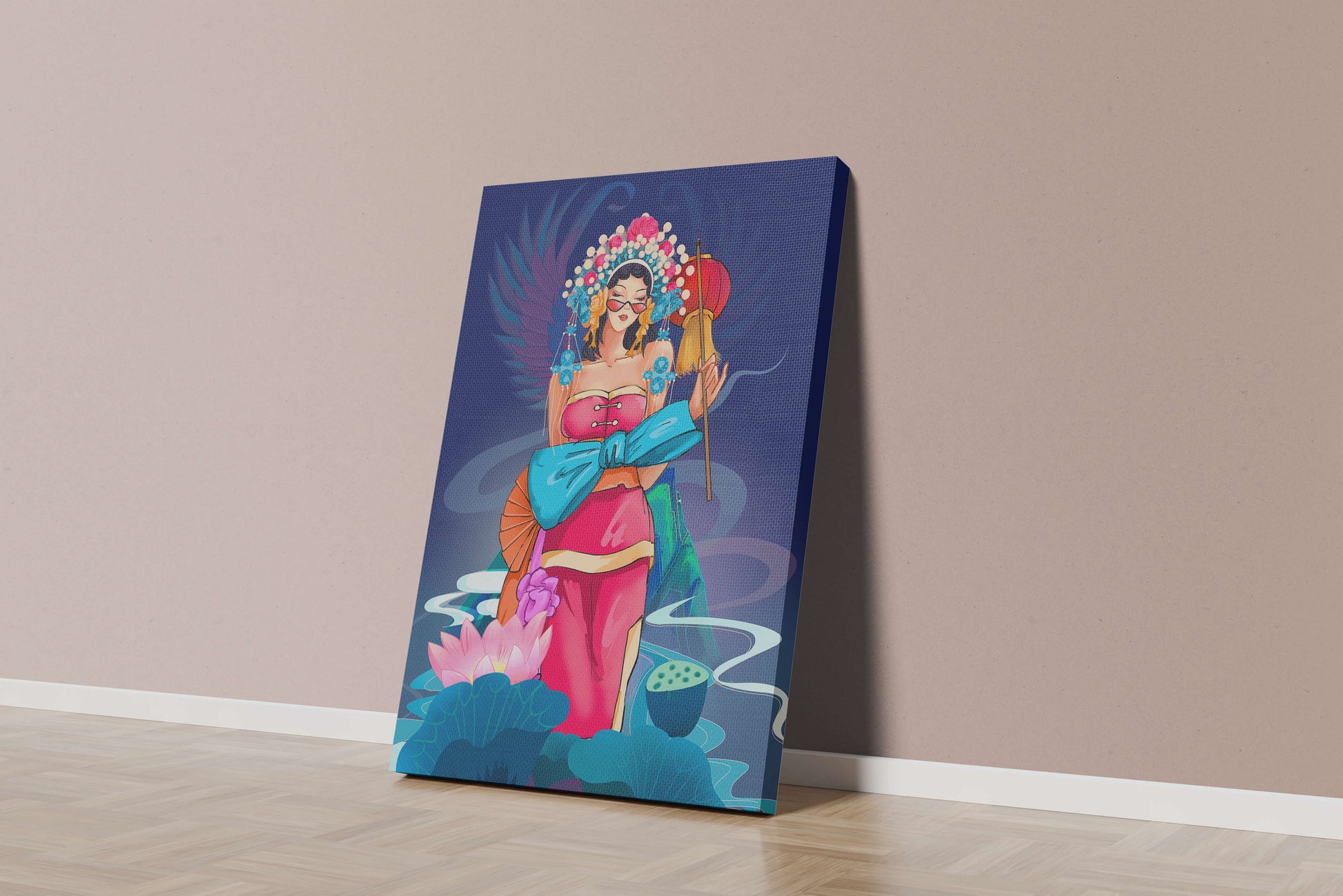 Colorful illustration of a woman in traditional attire with floral headdress