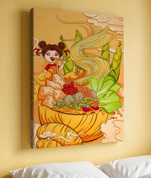 Ilustración colorida de un niño disfrutando de un tazón de fideos con verduras