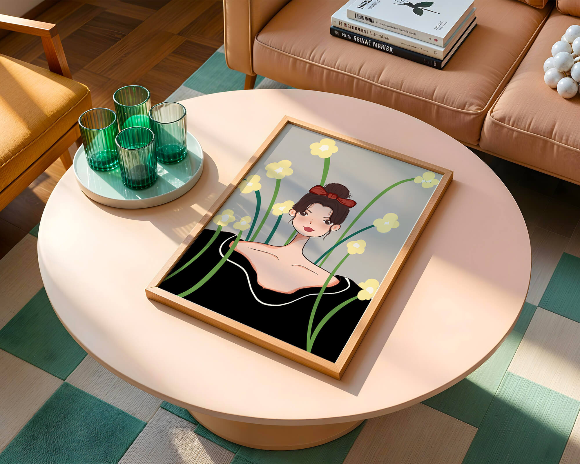 Illustration of a woman with floral background and red bow