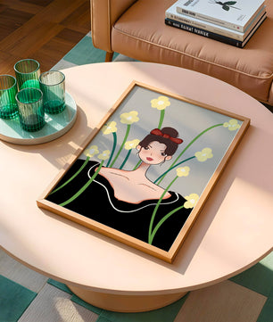 Ilustración de una mujer con fondo floral y lazo rojo
