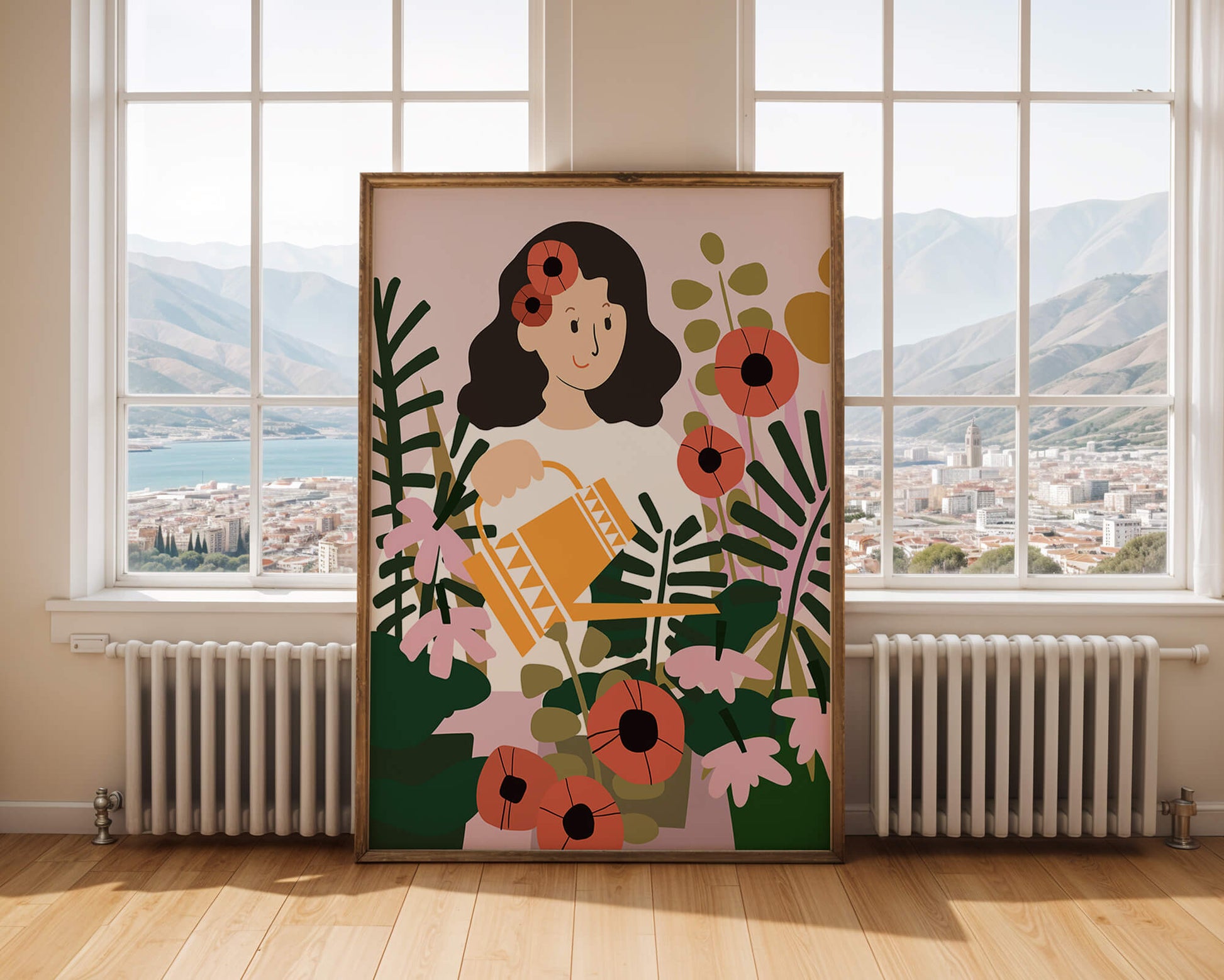 Woman watering plants surrounded by vibrant flowers and greenery