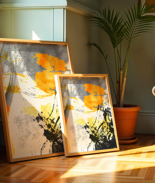 Abstract yellow and black watercolor splash with dynamic brushstrokes
