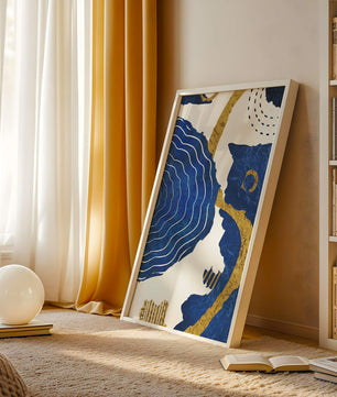Diseño abstracto ondulado azul y dorado con patrones geométricos