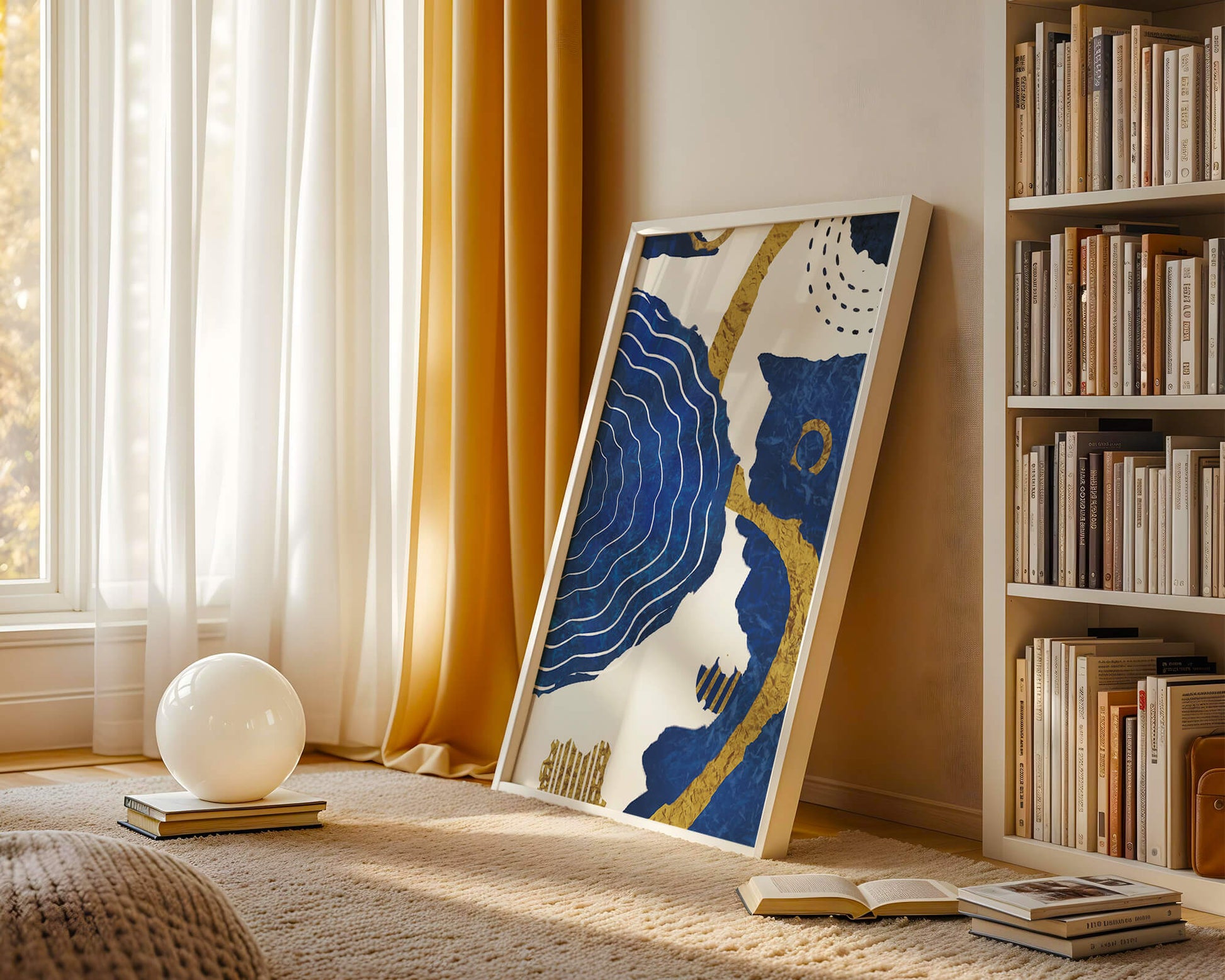 Diseño abstracto ondulado azul y dorado con patrones geométricos