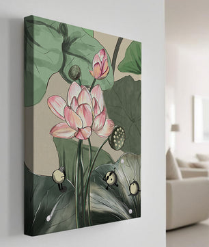 Illustrated lotus with playful cartoon bees in a serene garden