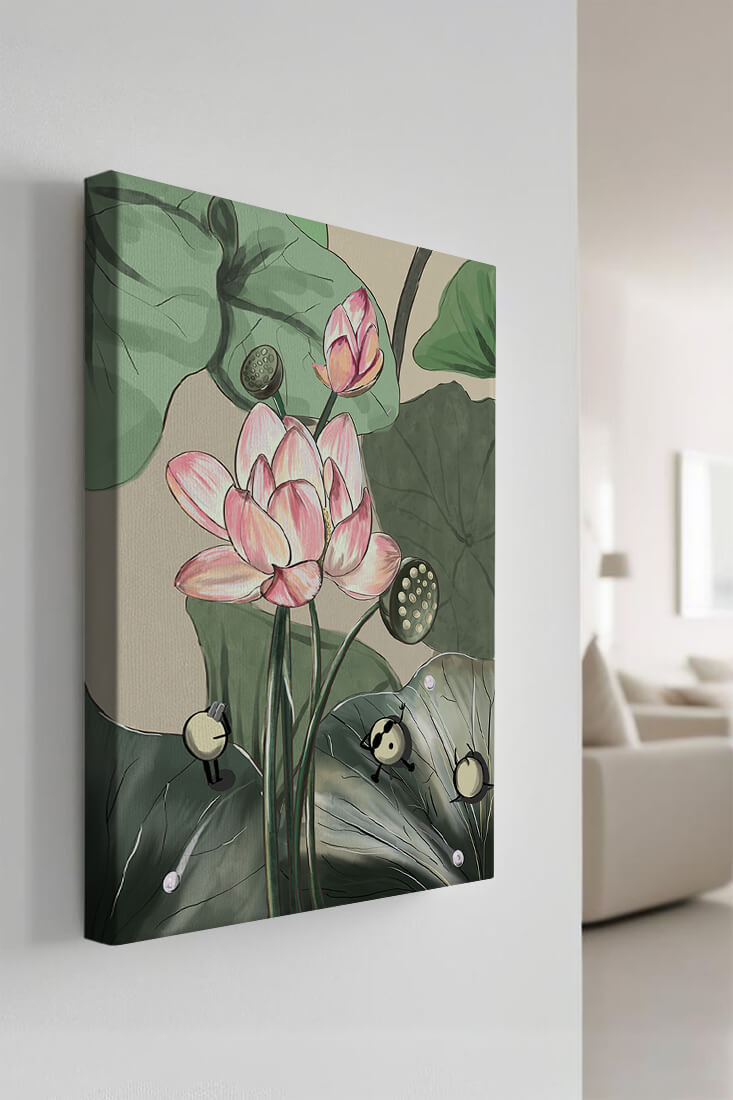 Illustrated lotus with playful cartoon bees in a serene garden