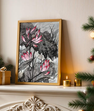 Illustration complexe de fleurs de lotus roses avec des feuilles