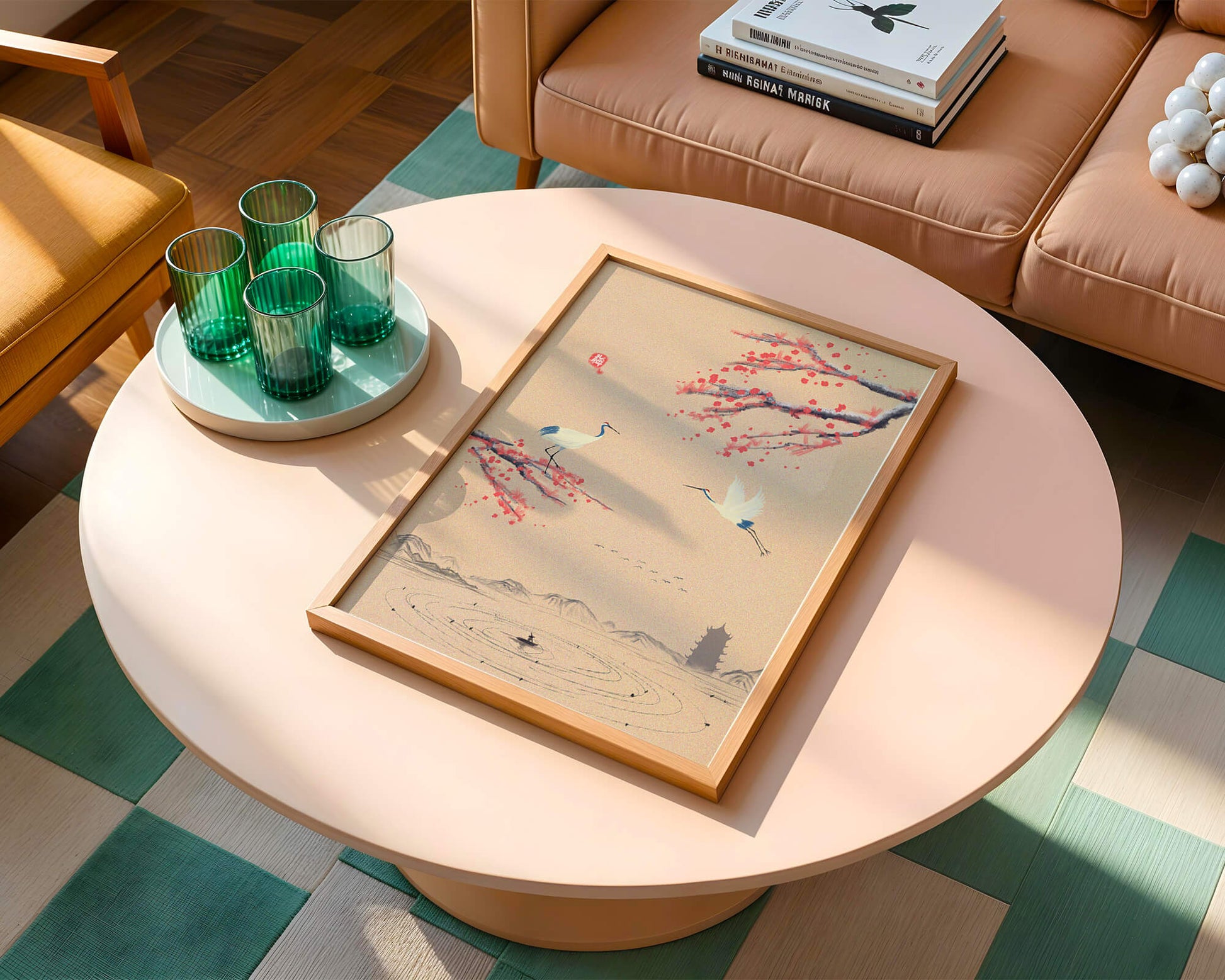 Elegant Asian landscape with cranes and cherry blossom branches