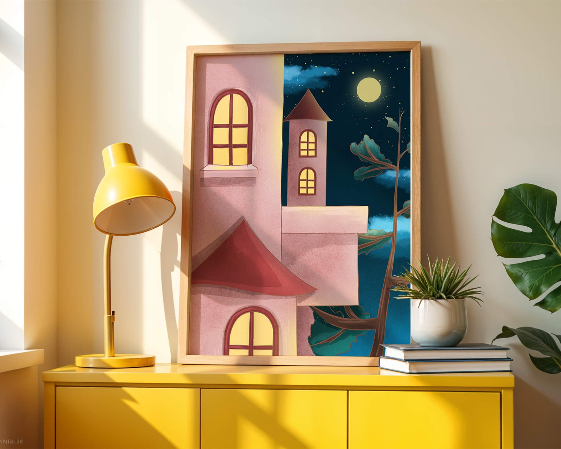 Castle with Arched Windows under Moonlit Sky