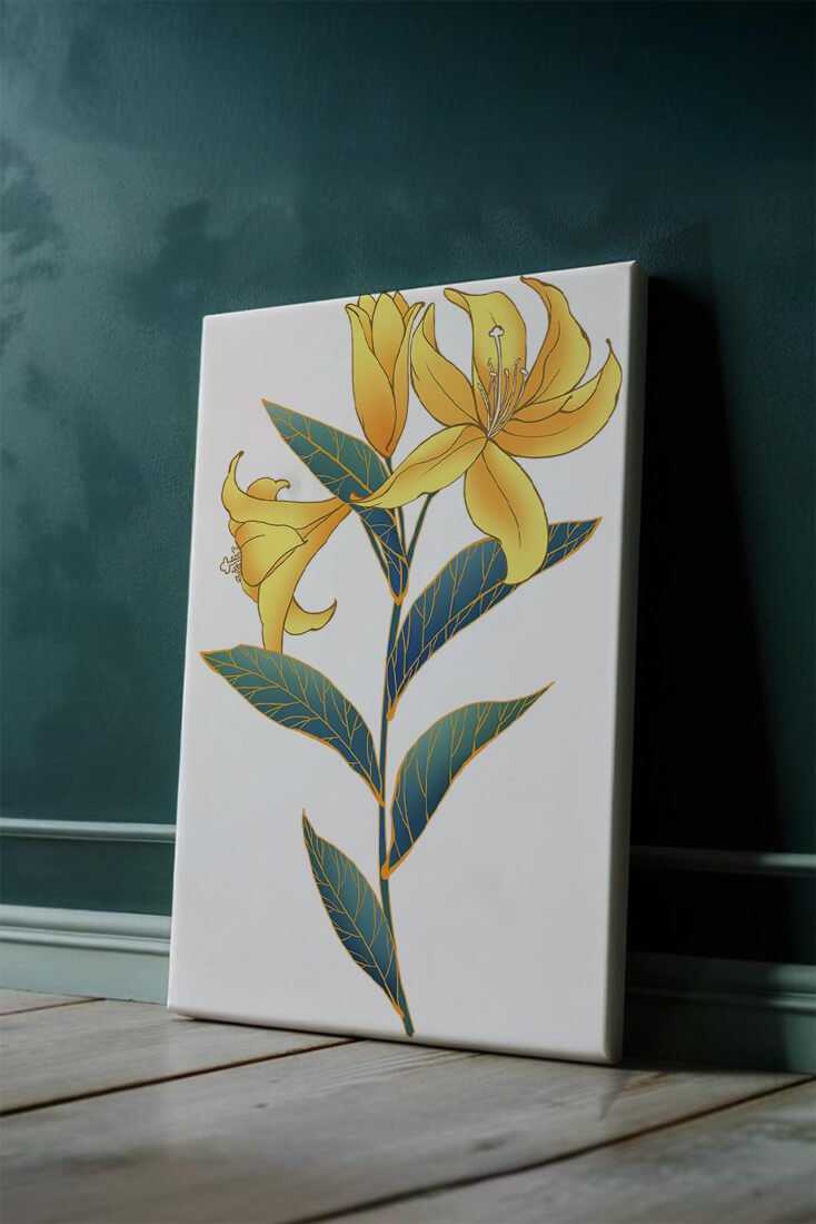 Elegant golden lily illustration with intricate leaf details