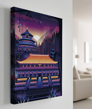 Neon Asian Temple at Sunset in Stylized Landscape