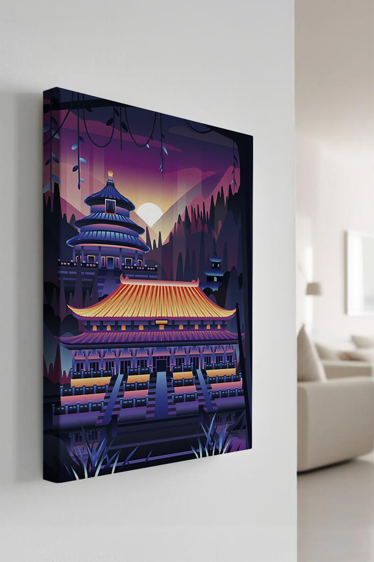 Neon Asian Temple at Sunset in Stylized Landscape