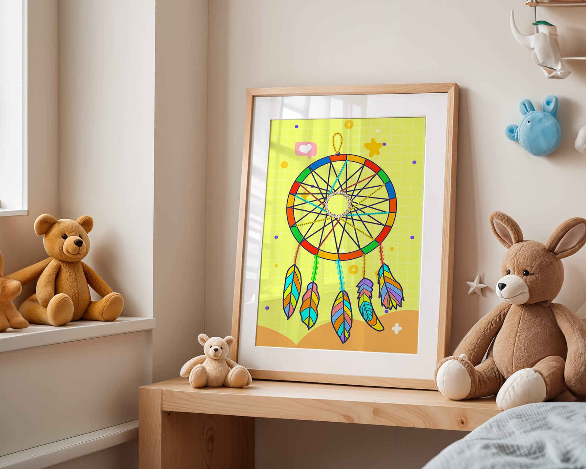 Colorful dreamcatcher on a vibrant yellow background