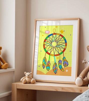 Colorful dreamcatcher on a vibrant yellow background