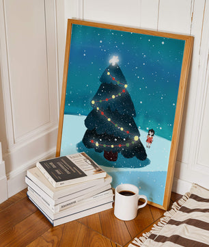 Winter scene with decorated Christmas tree and snowfall