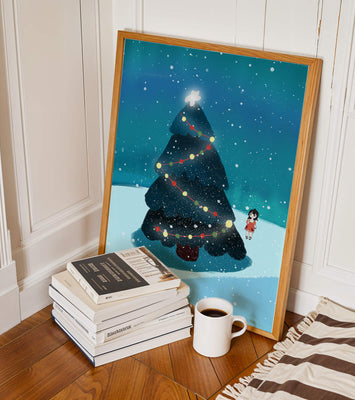 Winter scene with decorated Christmas tree and snowfall