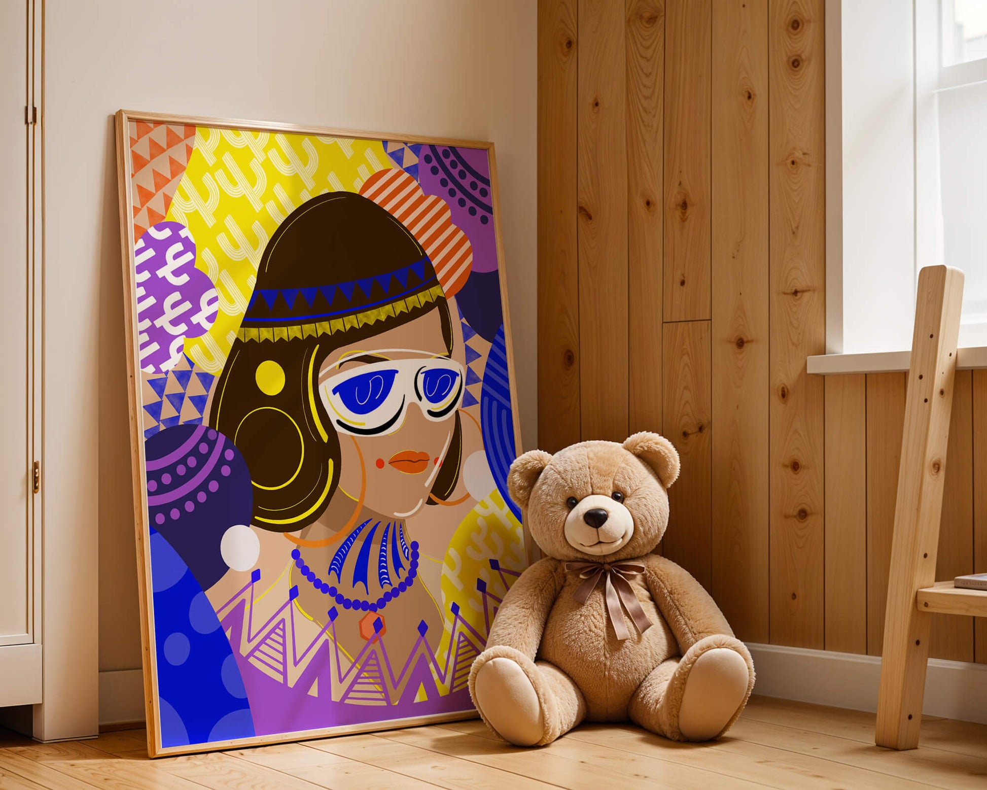 Portrait abstrait coloré avec des motifs géométriques vibrants