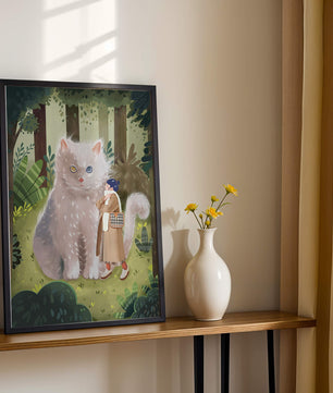 Verzauberter Wald mit einer riesigen Katze und einer Frau