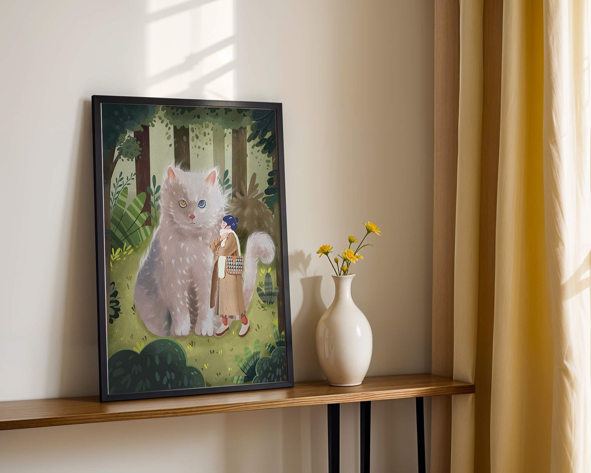 Verzauberter Wald mit einer riesigen Katze und einer Frau