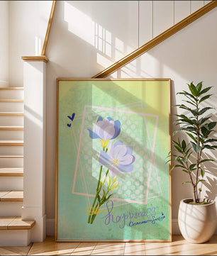 Ilustración floral delicada con colores pastel y lunares