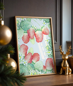 Ilustración de fresas y flores con hojas verdes exuberantes