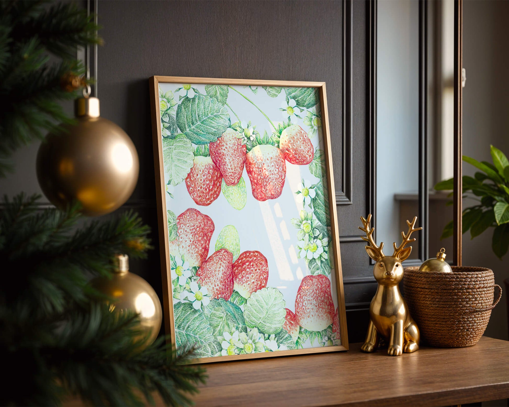 Illustration of strawberries and flowers with lush green leaves