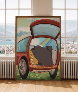 Maletero de coche con elementos de picnic y arcoíris en el fondo
