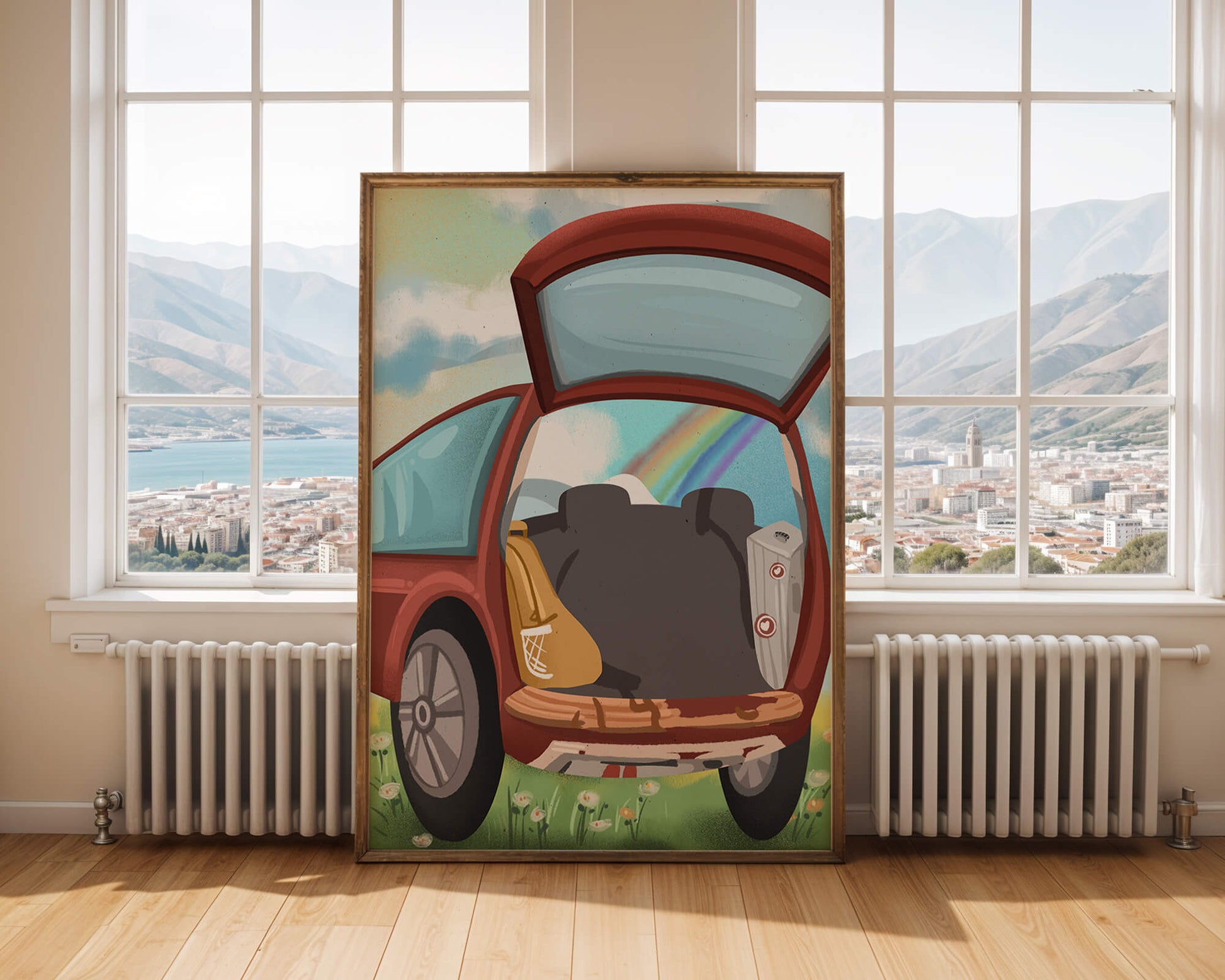 Car Trunk with Picnic Items and Rainbow in Background