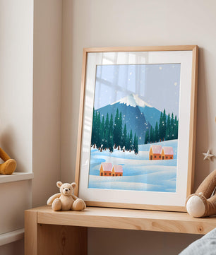 Winter Mountain Landscape with Snowy Cabins and Forest - Mi tienda