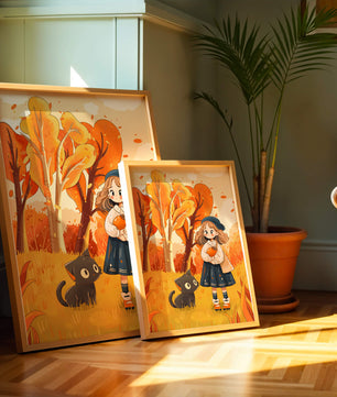 Girl with Cute Cat in Autumn Forest with Colorful Leaves
