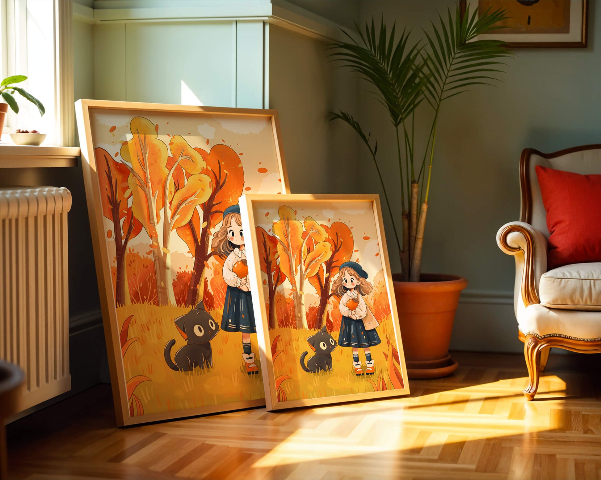 Girl with Cute Cat in Autumn Forest with Colorful Leaves