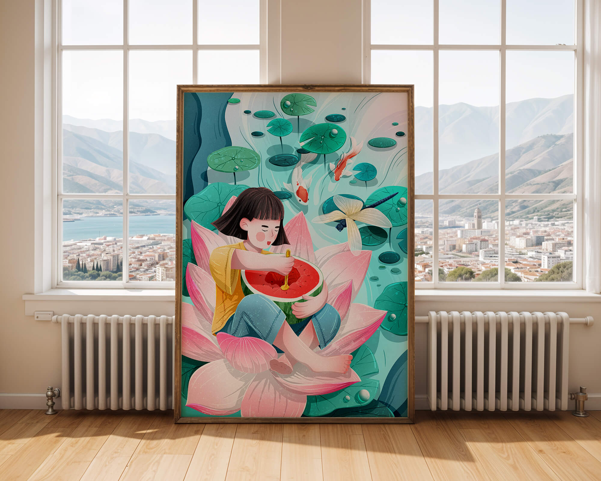 Serene illustration of child with watermelon on lotus flower