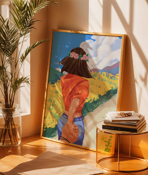 Woman in Nature with Floral Headband and Holding Hands on a Sunny Day