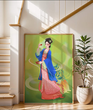 Diseño elegante de mujer en vestimenta tradicional del Este Asiático