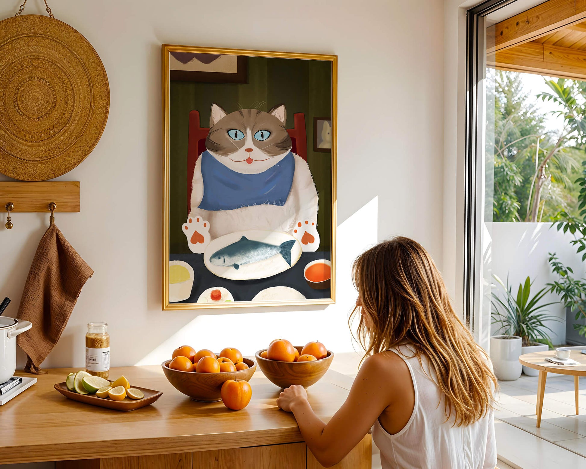 Ilustración de un gato comiendo con pescado y babero azul