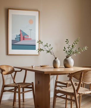 Ilustración arquitectónica moderna con diseño geométrico y atardecer