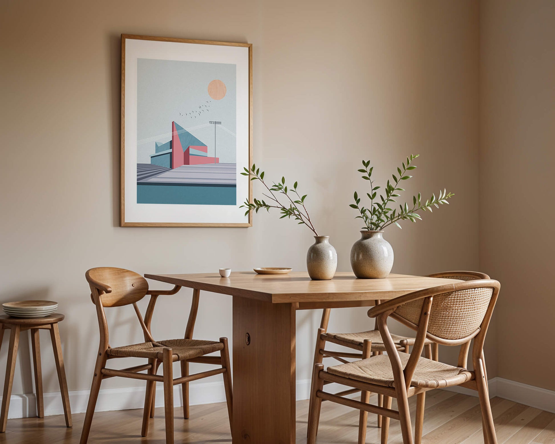 Ilustración arquitectónica moderna con diseño geométrico y atardecer