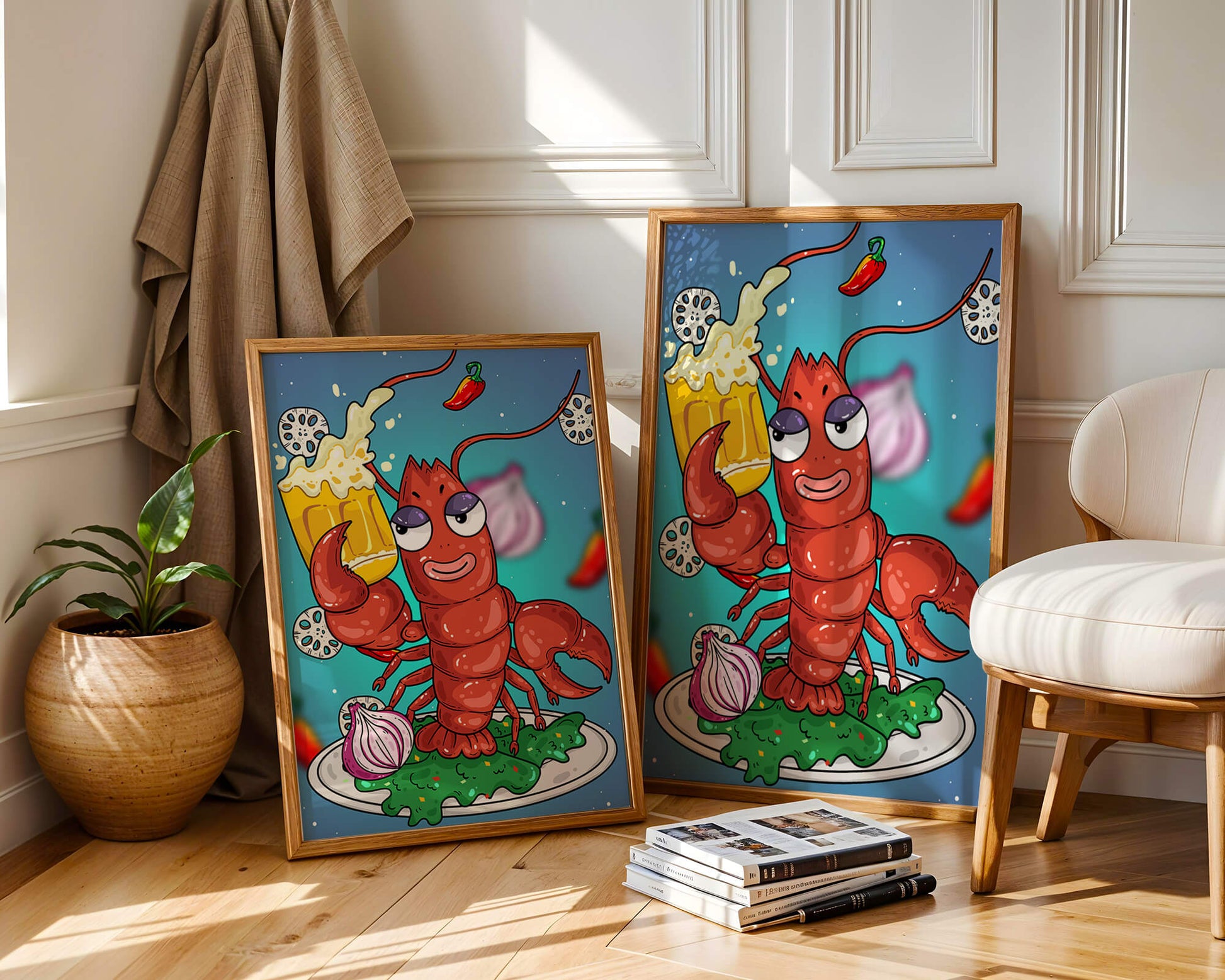 Playful cartoon lobster holding a beer in a whimsical setting