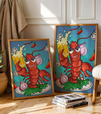 Playful cartoon lobster holding a beer in a whimsical setting