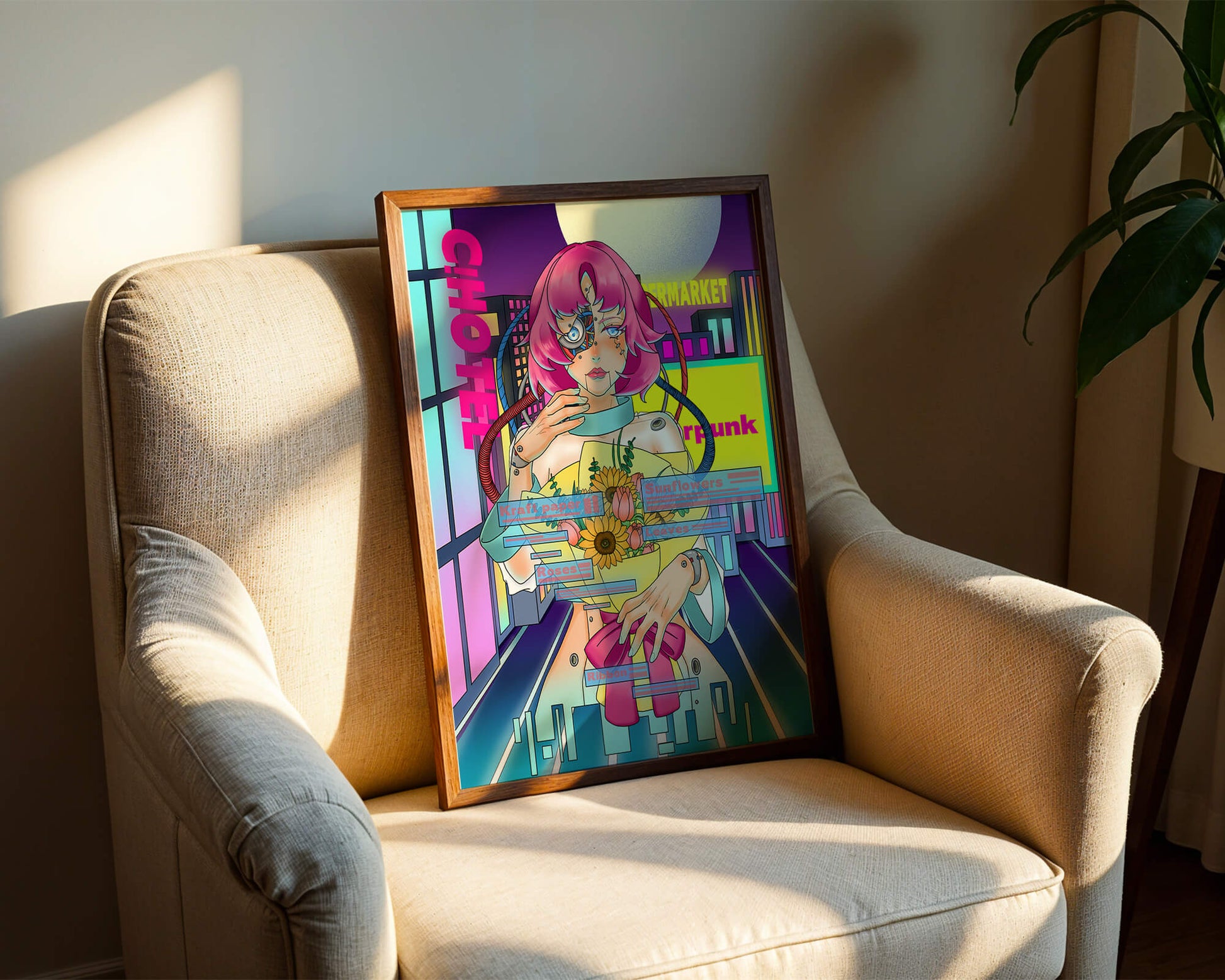 Futuristic cyberpunk woman with a bouquet of flowers in a neon cityscape
