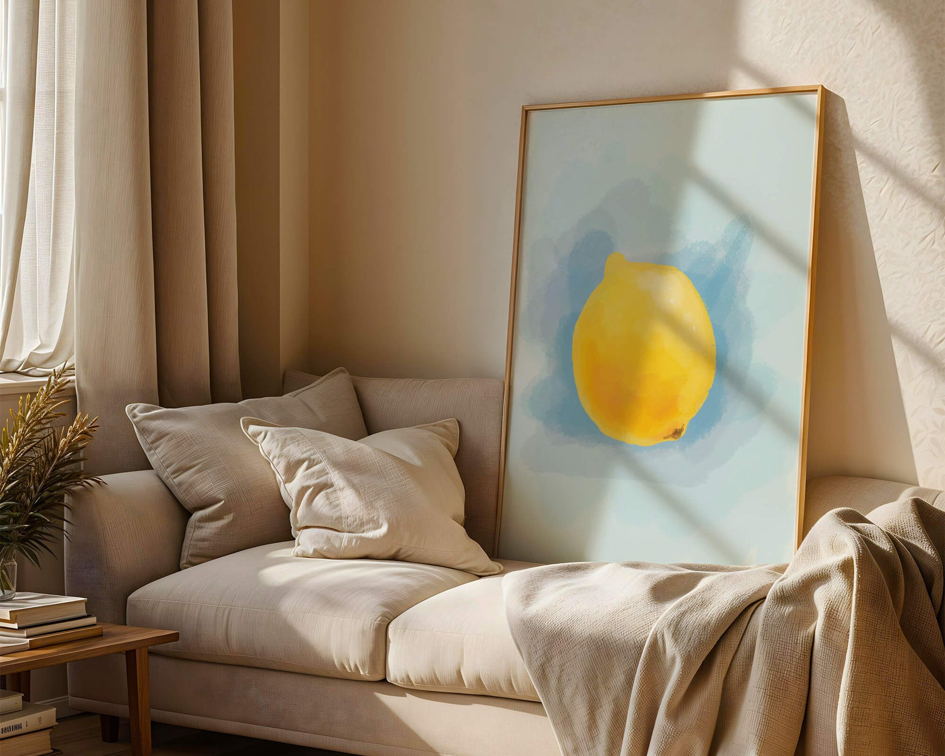 Watercolor artwork of a lemon on a blue background