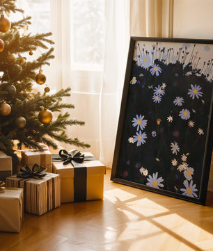 Field Of Blue And White Daisies On A Dark Background